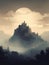 A picturesque view of a castle standing atop a hill surrounded by fog and a desolate landscape Gothic art. AI generation