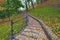 Picturesque view of cobblestone narrow alley in the park with autumn trees. Fallen orange leaves in green grass