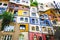 Picturesque view on colorful houses on city street at sunny day