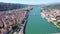 Picturesque view from drone of river Rhone and French city of Vienne in summer, Isere department