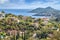 Picturesque view of Esterel Mountains Massif de l`Esterel, a town and Agay bay. Saint Raphael, Cote d`Azur, France.