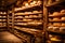 A picturesque view of a gourmet cheese cellar with aged wheels of cheese on wooden shelves and soft ambient lighting