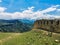 Picturesque view of the Gunib Fortress. A protective wall. Russia, Dagestan. June 2021.