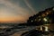 Picturesque view of the hotel on the beach at sunset.