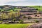 Picturesque view of idyllic farmland fields in Castile and Leon region, Spain. View at spring, before sunset