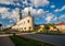 Picturesque view of Komenskeho street and Church of Nativity of Virgin Mary in Nove Mesto nad Metuji, Czech Republic