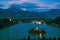 Picturesque view of Lake Bled from above at twilight