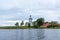 Picturesque view of Nilo Stolobensky Monastery on Lake Seliger, Tver region, Russia. Panoramic view of Nilo Stolobensky Monastery