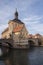 Picturesque view of the old Town Hall Altes Rathaus with two bridges over the Regnitz River of Bamberg. Germany Bavaria