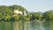 Picturesque view over Lake Bled, Julian Alps mountains and church, sunny day, Bled, Slovenia