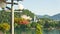 Picturesque view over Lake Bled, Julian Alps mountains and church, sunny morning, Bled, Slovenia