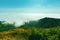 Picturesque view of the peaks of the Markotkh mountain range on a sunny day.