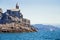 Picturesque view from sea the entrens to the Porto Venere with Doria castle.