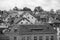 Picturesque view of the tile roofs of Historical buildings in the center of Zurich. Black and white cityscape