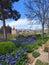Picturesque view of the tranquil Alhambra gardens with purple flowers in sunny Spain
