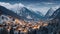 A picturesque village covered in snow nestled among towering mountains and surrounded by lush trees., Panoramic view of village in