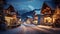 A picturesque village covered in snow with New Year\\\'s lights