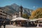 picturesque village square with a tall clock tower and vibrant market stalls set against a dramatic mountain backdrop