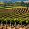 A picturesque vineyard with rows of grapevines and a mountain range in the distance2, Generative AI