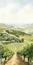 Picturesque Vineyard Watercolor Painting With Charming Winery And Rolling Hills