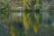 Picturesque water surface of a mountain lake with a beautiful mirror reflection of trees in the water.