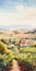 Picturesque Watercolor Painting Of Vineyard And Hill