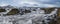 Picturesque waterfal Tungnaarfellsfoss, Iceland, panoramic autumn view  Landmannalaugar mountains under snow cover in far