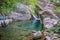 A picturesque waterfall in a cozy mountain lagoon.