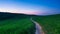 Picturesque winding path through a green grass field in hilly area at sunset