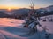 Picturesque winter alps sunrise. Highest ridge of the Ukrainian Carpathians is Chornohora with peaks of Hoverla and Petros