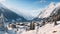 A picturesque winter scene of a village nestled in the mountains, covered in snow and surrounded by trees, Panoramic view of