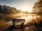 Picturesque Wooden Bench by Water\\\'s Edge: Tranquil Scene with Warm Sunrays by August Lemmer