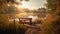 Picturesque Wooden Bench by Water\\\'s Edge: Tranquil Scene with Warm Sunrays by August Lemmer