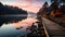 Picturesque wooden bridge spanning a tranquil lake at sunset, AI-generated.
