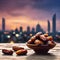 picturing Ramadan Atmosphere, a Dusk Scene Showcases Dates Fruit Against a Cloudy Sky and City Background