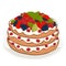 Pie with cream and berries, vector drawing, painted dessert. Layer cake with strawberry, blackberry, currant and kiwi fruit on the