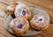 Pie and fruitcakes in plates on a table