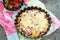 Pie with rhubarb and strawberries.Selective focus