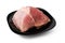 a piece of beef meat lies in a black plate on a white background