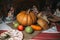 piece of broken bread with pumpkin on the table.