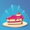 Piece of cake with cream and strawberry birthday tasty bake. Vector illustration piece cake slice. Sugar gourmet pastry cake slice