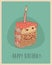 Piece of cake (Happy Birthday card) sweet cupcakes illustration, engraved retro style, hand drawn
