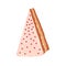 Piece of cake with sweet cream, frosting and sprinkles. Triangle slice of layered pastry. Tasty sugar food, top view