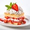 A piece of cake topped with whipped cream and strawberries, art project in primary school, on white background