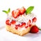 A piece of cake with whipped cream and strawberries, art project in primary school, on white background