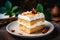 Piece of cake with white frosting and cinnamon on top. Generative AI