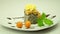 A piece of cake on a white plate and decorated with fruits and sauces