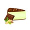 Piece of cheesecake with pistachio nuts and chocolate bar. Vector sliced portion cheescake cake creamy pistacia layer