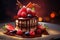 Piece of chocolate cake with berries and chocolate glaze on dark background, Indulge in the dessert\\\'s exquisite details