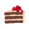 Piece of chocolate cake with cream. Delicious dessert decorated with cowberry. Sweet food. Flat vector icon